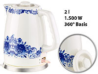 Rosenstein & Söhne Keramik-Wasserkocher WSK-280.rtr mit blauem Blumen-Motiv, 2 l, 1.500 W; Wasserkocher mit Temperaturwahl, Reiskocher Wasserkocher mit Temperaturwahl, Reiskocher 
