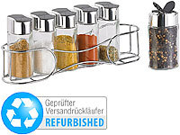 Rosenstein & Söhne 6 Gewürzstreuer aus Glas mit geschwungenem Ständer (Versandrückläufer); Wasserkocher mit Temperaturwahl, Elektrische Salz- & Pfeffermühlen 