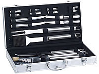 Rosenstein & Söhne 18-teiliges Edelstahl-Grillbesteck-Set, Aluminium-Koffer, Grillbürste