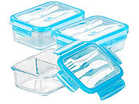 Rosenstein & Söhne 3er-Set Glas-Frischhaltedosen, 2 Kammern, Besteck, Klick-Deckel, 840ml; Lunchbox-Sets Lunchbox-Sets Lunchbox-Sets Lunchbox-Sets 